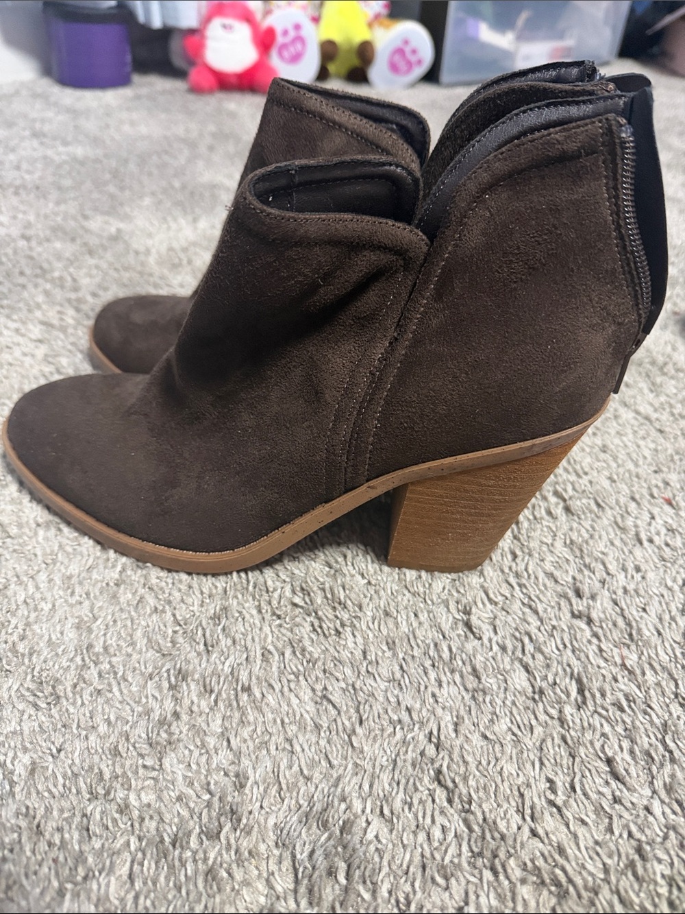 Brown Suede Block Heel Ankle Boots with Back Zip
